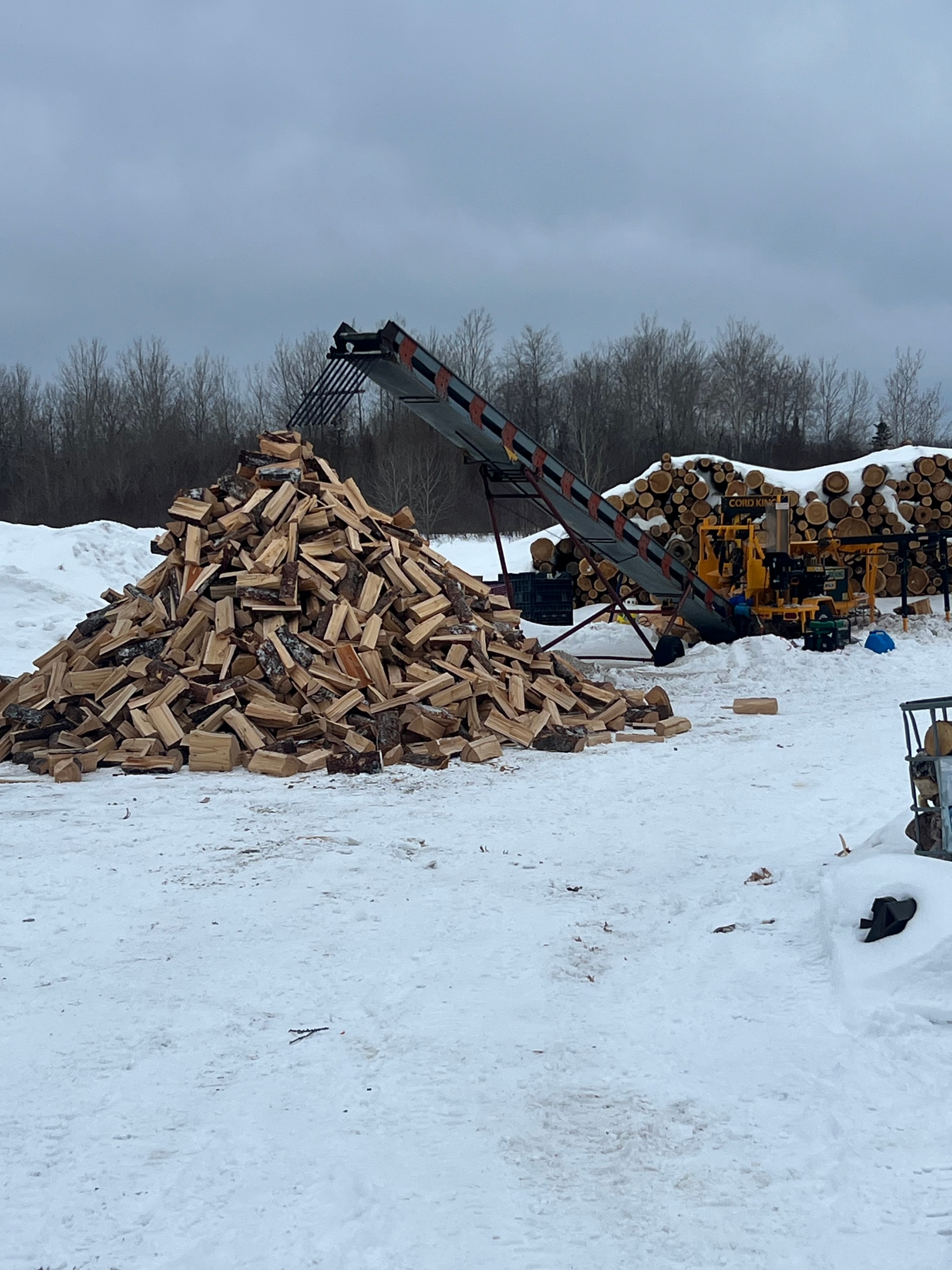 Log splitter machine processing firewood into uniform pieces